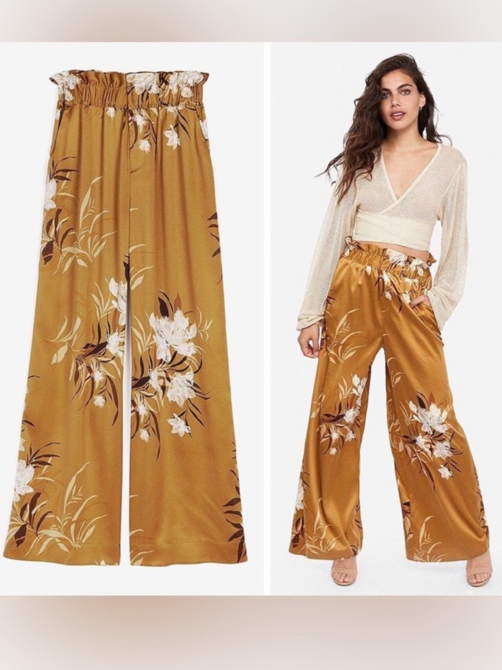 Express Rocky Barnes Gold Floral Satin Wide Leg Pants